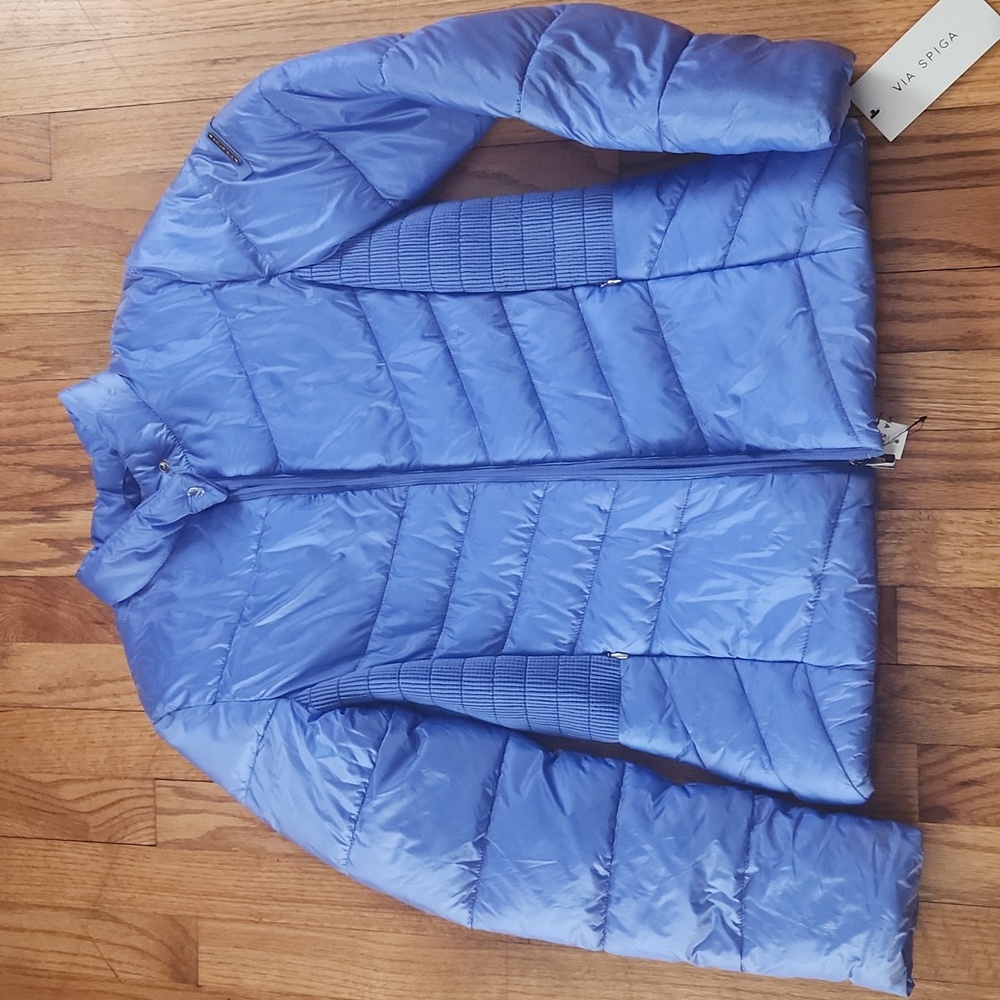 NWT Blue 💙 iridescent Via Spiga waterproof packable puffer jacket size Small - Picture 2 of 9